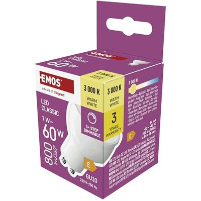 EMOS Dimmbare Spot LED Lampe MR16-7W Ersatz für 60W Halogenlampe mit GU10 Sockel 3-Step-Dimmen Helligkeit 800 lm, 3000 K 25000 h Lebensdauer, CRI min. 80, 100° Abstrahlwinkel Warmweiß EMOS Dimmbare Spot LED Lampe MR16-7W Ersatz für 60W Halogenlampe mit GU10 Sockel 3-Step-Dimmen Helligkeit 800 lm, 3000 K 25000 h Lebensdauer, CRI min. 80, 100° Abstrahlwinkel Warmweiß