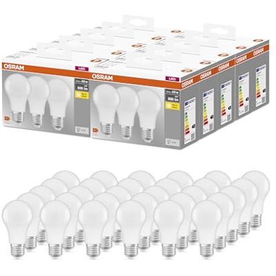 Osram BASE CLASSIC A 60 FR LED-Lampe mit Sockel E27, Kolbenform, 3er Pack, 8,5W, 806lm, 2700K, warmweißes Licht, geringere Wärmeentwicklung, sehr geringer Energieverbrauch, lange Lebensdauer,30-Pack Osram BASE CLASSIC A 60 FR LED-Lampe mit Sockel E27, Kolbenform, 3er Pack, 8,5W, 806lm, 2700K, warmweißes Licht, geringere Wärmeentwicklung, sehr geringer Energieverbrauch, lange Lebensdauer,30-Pack