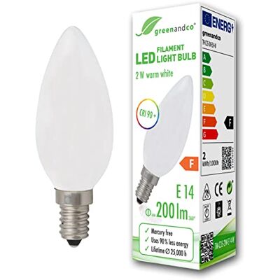 greenandco ® CRI90+ Glühfaden LED Lampe matt ersetzt 20 Watt E14 Kerze 2W 200 Lumen 2700K warmweiß Filament Fadenlampe 360° 230V AC nicht dimmbar flimmerfrei 2 Jahre Garantie greenandco ® CRI90+ Glühfaden LED Lampe matt ersetzt 20 Watt E14 Kerze 2W 200 Lumen 2700K warmweiß Filament Fadenlampe 360° 230V AC nicht dimmbar flimmerfrei 2 Jahre Garantie