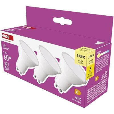 EMOS LED Lampe Spot 3er Pack, MR16 mit GU10 Sockel, 3 Stück 7W Ersatz für 60W Halogenlampe, Helligkeit 806 lm, Warmweiß 3000 K, 30000 h Lebensdauer, CRI min. 80, 100° Abstrahlwinkel, weiße Farbe EMOS LED Lampe Spot 3er Pack, MR16 mit GU10 Sockel, 3 Stück 7W Ersatz für 60W Halogenlampe, Helligkeit 806 lm, Warmweiß 3000 K, 30000 h Lebensdauer, CRI min. 80, 100° Abstrahlwinkel, weiße Farbe