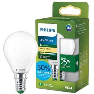 Philips LED UltraEfficient Frosted P45 Glühbirne, E14 kleiner Edison-Schraubverschluss, Energieklasse A, 252 lm, entspricht 25 W, warmweiß (2700 K), EyeComfort, 50.000 Stunden, 1 Packung Philips LED UltraEfficient Frosted P45 Glühbirne, E14 kleiner Edison-Schraubverschluss, Energieklasse A, 252 lm, entspricht 25 W, warmweiß (2700 K), EyeComfort, 50.000 Stunden, 1 Packung