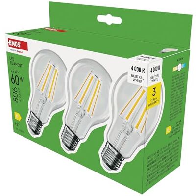 EMOS LED Lampe Edison A60 3er Pack, 5,9W Ersatz für 60W Glühbirne klare Vintage-Glühlampe mit E27 Sockel, Helligkeit 806 lm, Neutralweiß 4000 K 25000 h Lebensdauer 360° Abstrahlwinkel EMOS LED Lampe Edison A60 3er Pack, 5,9W Ersatz für 60W Glühbirne klare Vintage-Glühlampe mit E27 Sockel, Helligkeit 806 lm, Neutralweiß 4000 K 25000 h Lebensdauer 360° Abstrahlwinkel