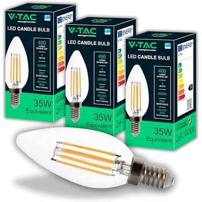 V-TAC 3x LED Glühbirne Kerze Filament E14 4W (Entspricht 35W) – Warmweiß 400 Lumen – 6er Pack – Maximale Effizienz – Filament Deko – LED Glühlampen Energiesparlampe 3000K V-TAC 3x LED Glühbirne Kerze Filament E14 4W (Entspricht 35W) – Warmweiß 400 Lumen – 6er Pack – Maximale Effizienz – Filament Deko – LED Glühlampen Energiesparlampe 3000K