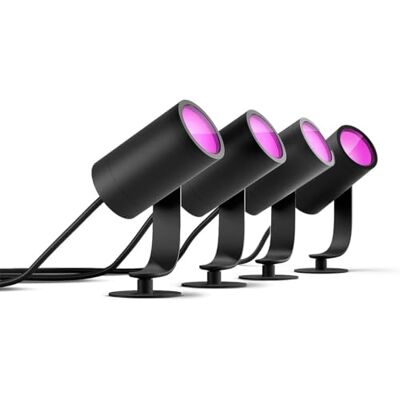 Philips White & Color Ambiance Lily Gartenspot Standard Set mit 40W Netzteil (590 lm), dimmbare Außenleuchte mit 16 Millionen Farben, smarte Lichtsteuerung über Sprache oder App, schwarz, 4er Pack Philips White & Color Ambiance Lily Gartenspot Standard Set mit 40W Netzteil (590 lm), dimmbare Außenleuchte mit 16 Millionen Farben, smarte Lichtsteuerung über Sprache oder App, schwarz, 4er Pack