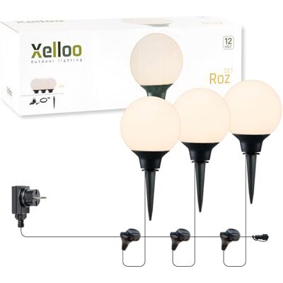 Xelloo ® Gartenleuchten Set ROZ, 12 Volt, 3 Stück Designarmaturen 1W LED warmweiß mit Erdspieß, wasserdicht (IP44) und mit praktischem Schiebeanschluss Xelloo ® Gartenleuchten Set ROZ, 12 Volt, 3 Stück Designarmaturen 1W LED warmweiß mit Erdspieß, wasserdicht (IP44) und mit praktischem Schiebeanschluss