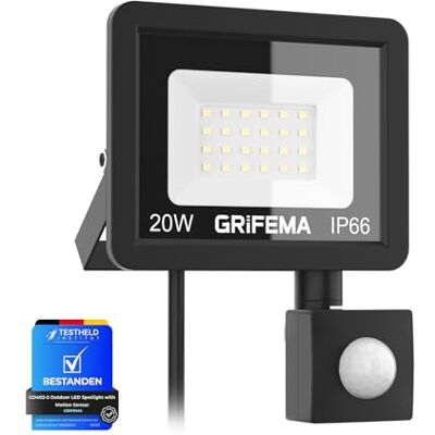 GRIFEMA 20W LED Strahler Mit Bewegungsmelder, 2200LM, 6500K Kaltweiß, IP66 Wasserdicht, 180° Verstellbare Halterung Für Garten, Garage, Hof, Außenbeleuchtung, Ohne Stecker GRIFEMA 20W LED Strahler Mit Bewegungsmelder, 2200LM, 6500K Kaltweiß, IP66 Wasserdicht, 180° Verstellbare Halterung Für Garten, Garage, Hof, Außenbeleuchtung, Ohne Stecker