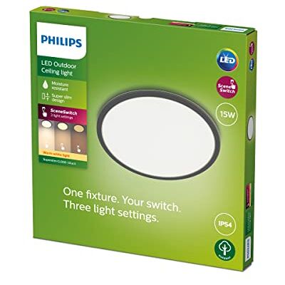 Philips Outdoor LED Deckenleuchte Superslim, schwarz, 15W, warmweißes Licht 2.700K, 3 Lichteinstellungen, IP54 Schutzklasse Philips Outdoor LED Deckenleuchte Superslim, schwarz, 15W, warmweißes Licht 2.700K, 3 Lichteinstellungen, IP54 Schutzklasse