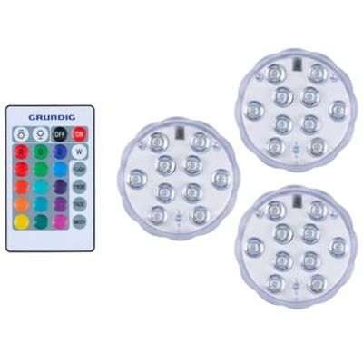 Grundig Kabelloser LED Strahler 3er Set Spot mit Fernbedienung RGB Beleuchtung mit Farbwechsel Wasserdicht IP65 Batterie Lampe 7 x 7 x 2,8 cm Grundig Kabelloser LED Strahler 3er Set Spot mit Fernbedienung RGB Beleuchtung mit Farbwechsel Wasserdicht IP65 Batterie Lampe 7 x 7 x 2,8 cm