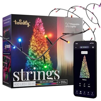 Twinkly Strings 400 LED RGB, LED-Lichterkette für Draußen und Drinnen, Smarte LED-Lichter, Kompatibel mit Alexa und Google Home, IP44, App-Steuerung, Schwarzes Kabel, 32m Twinkly Strings 400 LED RGB, LED-Lichterkette für Draußen und Drinnen, Smarte LED-Lichter, Kompatibel mit Alexa und Google Home, IP44, App-Steuerung, Schwarzes Kabel, 32m