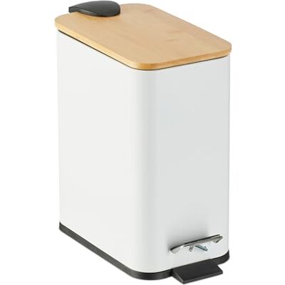 Relaxdays Mülleimer Bad, 5 Liter, entnehmbarer Inneneimer, Kosmetikeimer, Metall, Badmülleimer mit Bambusdeckel, weiß Relaxdays Mülleimer Bad, 5 Liter, entnehmbarer Inneneimer, Kosmetikeimer, Metall, Badmülleimer mit Bambusdeckel, weiß