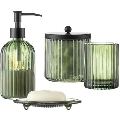 KMwares 4-teiliges schweres Badezimmer-Zubehör-Set aus Glas mit dekorativem gepresstem Muster inklusive Handseifenspender & Becher & Seifenschale & Zahnbürstenhalter (Olivgrün) KMwares 4-teiliges schweres Badezimmer-Zubehör-Set aus Glas mit dekorativem gepresstem Muster inklusive Handseifenspender & Becher & Seifenschale & Zahnbürstenhalter (Olivgrün)