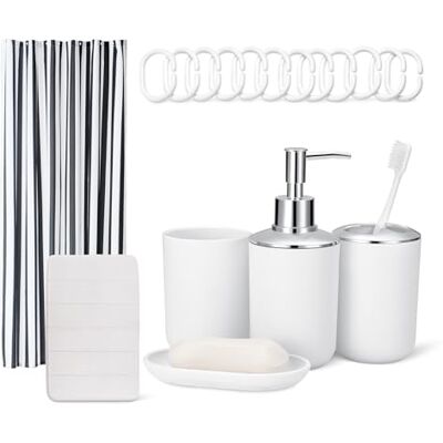 Amazon Basics Badezimmer-Zubehör-Set: Duschvorhang mit Haken, Memory Foam Badteppich, Seifenspender, Seifenschale, Zahnbürstenhalter & Becher, Weiß Amazon Basics Badezimmer-Zubehör-Set: Duschvorhang mit Haken, Memory Foam Badteppich, Seifenspender, Seifenschale, Zahnbürstenhalter & Becher, Weiß