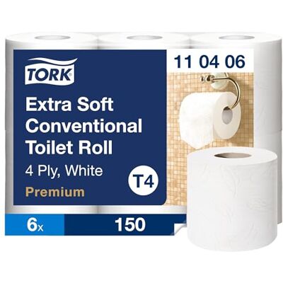 Tork extra weiches Kleinrollen Toilettenpapier Weiß T4, Premium Qualität, 4 lagig, 6 Rollen x 18.75m, 110406 Tork extra weiches Kleinrollen Toilettenpapier Weiß T4, Premium Qualität, 4 lagig, 6 Rollen x 18.75m, 110406