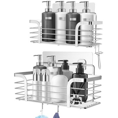 Carehabi Duschablage Ohne Bohren 2 Stück Badezimmer Organizer Duschregal Ohne Bohren Edelstahl Duschablage mit 4 Haken für Shampoo und Duschgel Carehabi Duschablage Ohne Bohren 2 Stück Badezimmer Organizer Duschregal Ohne Bohren Edelstahl Duschablage mit 4 Haken für Shampoo und Duschgel