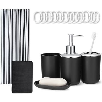 Amazon Basics Badezimmer-Zubehör-Set: Duschvorhang mit Haken, Memory Foam Badteppich, Seifenspender, Seifenschale, Zahnbürstenhalter & Becher, Schwarz Amazon Basics Badezimmer-Zubehör-Set: Duschvorhang mit Haken, Memory Foam Badteppich, Seifenspender, Seifenschale, Zahnbürstenhalter & Becher, Schwarz