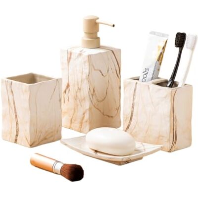 RQYIXI Badezimmer-Zubehör-Set aus Keramik, 4-teilig, Retro-Stil, Seifenspender und Zahnbürstenhalter, Marmorbraun RQYIXI Badezimmer-Zubehör-Set aus Keramik, 4-teilig, Retro-Stil, Seifenspender und Zahnbürstenhalter, Marmorbraun