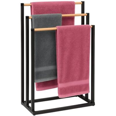Relaxdays Handtuchständer, HBT: 76 x 45 x 21,5 cm, Metall, Bambus, 3 Stangen, Handtuchhalter stehend, Bad, schwarz/Natur Relaxdays Handtuchständer, HBT: 76 x 45 x 21,5 cm, Metall, Bambus, 3 Stangen, Handtuchhalter stehend, Bad, schwarz/Natur