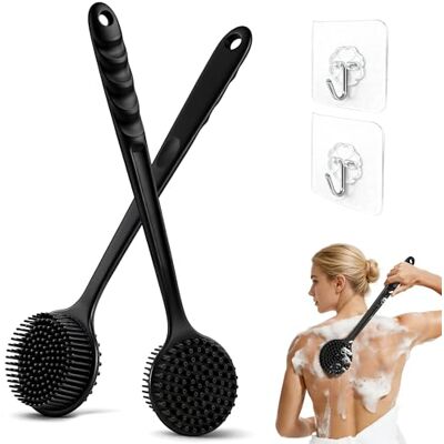 Elalove 2 Stück Rückenbürste mit langem Stiel, Duschbürste doppelseitig aus Silikon, Badebürste und Rückenschrubber für Dusche, Schwarz, inkl. 2 Transparente Haken Elalove 2 Stück Rückenbürste mit langem Stiel, Duschbürste doppelseitig aus Silikon, Badebürste und Rückenschrubber für Dusche, Schwarz, inkl. 2 Transparente Haken