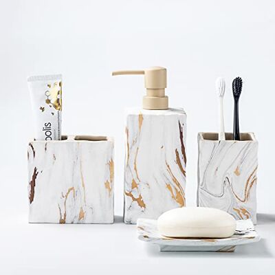 RQYIXI Badezimmer-Zubehör-Set, 4-teilig, Marmor-Optik, Zahnbürstenhalter, Seifenspender, Arbeitsplatte, Keramik, Badezimmer-Dekor-Set, Gold RQYIXI Badezimmer-Zubehör-Set, 4-teilig, Marmor-Optik, Zahnbürstenhalter, Seifenspender, Arbeitsplatte, Keramik, Badezimmer-Dekor-Set, Gold