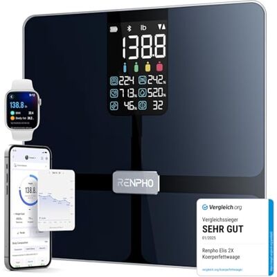RENPHO Körperfettwaage mit großem Display, Personenwaage Ultrapräzise Waage mit Körperfett und Muskelmasse, Trend, Smart Waage Personen mit App, ITO Körperwaage, Schwarz, Elis 2X RENPHO Körperfettwaage mit großem Display, Personenwaage Ultrapräzise Waage mit Körperfett und Muskelmasse, Trend, Smart Waage Personen mit App, ITO Körperwaage, Schwarz, Elis 2X