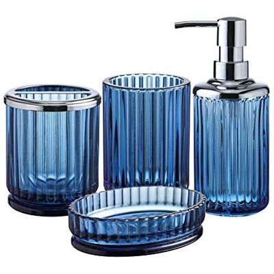 KMwares Badezimmer-Zubehör-Set aus schwerem blauem Glas mit dekorativem gepresstem Muster – inklusive Handseifenspender & Becher & Seifenschale & Zahnbürstenhalter (Kobaltblau) KMwares Badezimmer-Zubehör-Set aus schwerem blauem Glas mit dekorativem gepresstem Muster – inklusive Handseifenspender & Becher & Seifenschale & Zahnbürstenhalter (Kobaltblau)