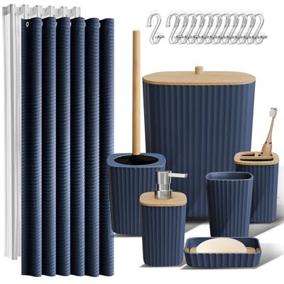 Clara Clark Badezimmer-Zubehör-Set – Marineblaues Badezimmer-Set, 20-teiliges Badezimmer-Zubehör-Set, Duschvorhang-Set, WC-Bürste, Mülleimer und Seifenspender Clara Clark Badezimmer-Zubehör-Set – Marineblaues Badezimmer-Set, 20-teiliges Badezimmer-Zubehör-Set, Duschvorhang-Set, WC-Bürste, Mülleimer und Seifenspender