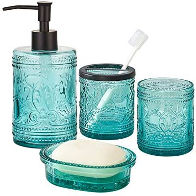 KMwares 4-teiliges Badezimmerzubehör-Set aus Glas mit dekorativem gepresstem Muster, inklusive Handseifenspender, Becher, Seifenschale und Zahnbürstenhalter, Blaugrün KMwares 4-teiliges Badezimmerzubehör-Set aus Glas mit dekorativem gepresstem Muster, inklusive Handseifenspender, Becher, Seifenschale und Zahnbürstenhalter, Blaugrün