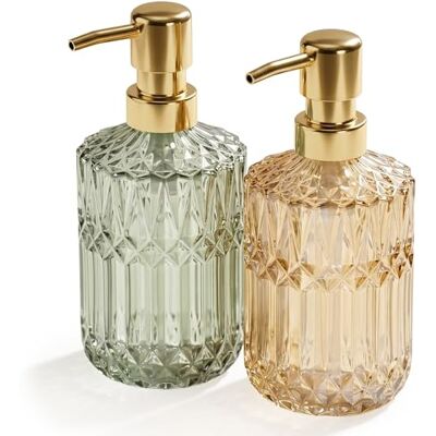 Relaxdays Seifenspender, 2er Set, 400 ml, Glas, nachfüllbar, Seife, Duschgel, Bad & Küche, Handseifenspender, Gold/grün Relaxdays Seifenspender, 2er Set, 400 ml, Glas, nachfüllbar, Seife, Duschgel, Bad & Küche, Handseifenspender, Gold/grün