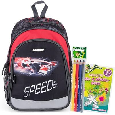 JOLLY Unisex Rucksack, Kindergarten, 6-teilig, verstellbarer Brustgurt, Sicherheitsstreifen für Sichtbarkeit, inkl. Buntstifte und Malbuch, geräumiges Hauptfach, Speedcar JOLLY Unisex Rucksack, Kindergarten, 6-teilig, verstellbarer Brustgurt, Sicherheitsstreifen für Sichtbarkeit, inkl. Buntstifte und Malbuch, geräumiges Hauptfach, Speedcar