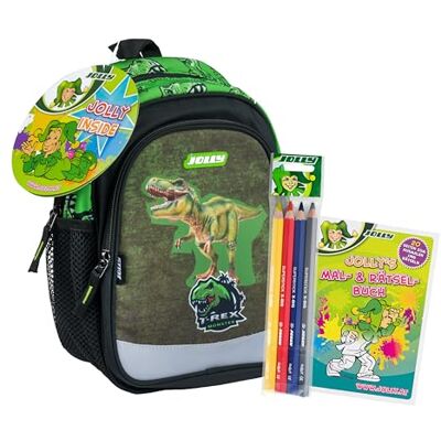 JOLLY Unisex Rucksack, Kindergarten, 6-teilig, verstellbarer Brustgurt, Sicherheitsstreifen für Sichtbarkeit, inkl. Buntstifte und Malbuch, geräumiges Hauptfach, T-Rex, Grün JOLLY Unisex Rucksack, Kindergarten, 6-teilig, verstellbarer Brustgurt, Sicherheitsstreifen für Sichtbarkeit, inkl. Buntstifte und Malbuch, geräumiges Hauptfach, T-Rex, Grün