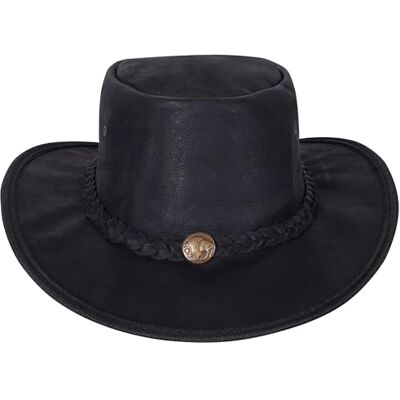 URBAN 5884 Cowboyhut aus echtem Leder, Western-Hut aus Rindsleder mit Verstellbarer Krempe und Kinnriemen Schwarz, L URBAN 5884 Cowboyhut aus echtem Leder, Western-Hut aus Rindsleder mit Verstellbarer Krempe und Kinnriemen Schwarz, L
