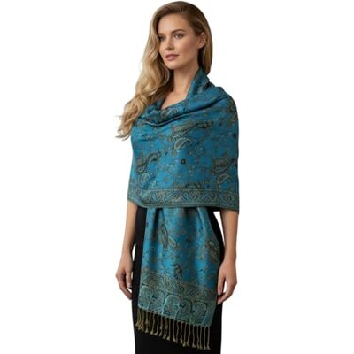 PASKMLNA Damen Paisley Pashmina-Schal, Türkis-Schwarz, florales Paisleymuster, Large PASKMLNA Damen Paisley Pashmina-Schal, Türkis-Schwarz, florales Paisleymuster, Large