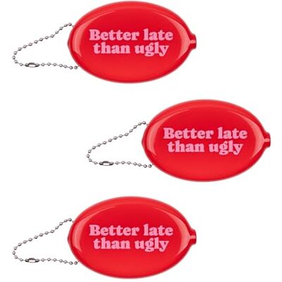 FISURA – Ovale Münzbörse aus Gummi “Better Late” in Rosa. Retro-Geldbörse mit Kette, Mini-Geldtasche für unterwegs, Unisex Accessoire und witzige Geschenkidee. 3 Stück. FISURA – Ovale Münzbörse aus Gummi “Better Late” in Rosa. Retro-Geldbörse mit Kette, Mini-Geldtasche für unterwegs, Unisex Accessoire und witzige Geschenkidee. 3 Stück.