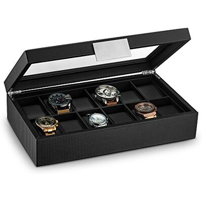 Glenor Co Uhrenbox für Herren, 12 Fächer, luxuriöses Karbonfaser-Design, großer Halter, Metallschnalle, Schwarz Glenor Co Uhrenbox für Herren, 12 Fächer, luxuriöses Karbonfaser-Design, großer Halter, Metallschnalle, Schwarz