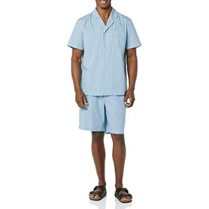 Amazon Essentials Herren Kurzes Pyjama-Set aus Baumwoll-Stretch-Popeline mit V-Ausschnitt, Blau Geometrisches Muster, M Amazon Essentials Herren Kurzes Pyjama-Set aus Baumwoll-Stretch-Popeline mit V-Ausschnitt, Blau Geometrisches Muster, M