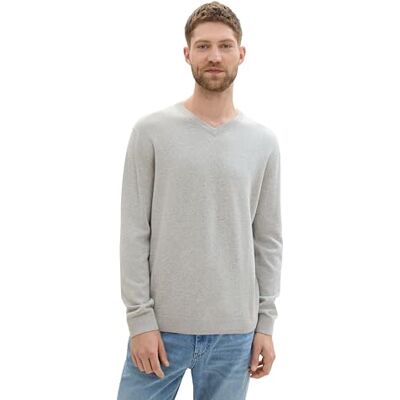 TOM TAILOR Herren Basic Pullover mit V-Ausschnitt aus Baumwolle, 36293 Bright Stone Grey Melange, L TOM TAILOR Herren Basic Pullover mit V-Ausschnitt aus Baumwolle, 36293 Bright Stone Grey Melange, L