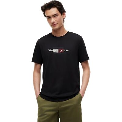 Tommy Hilfiger Herren T-Shirt Kurzarm Script Flag Regular mit Rundhalsausschnitt, Schwarz (Black), L Tommy Hilfiger Herren T-Shirt Kurzarm Script Flag Regular mit Rundhalsausschnitt, Schwarz (Black), L