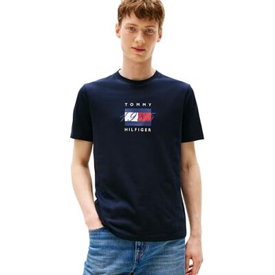 Tommy Hilfiger Herren T-Shirt Kurzarm Linear Flag Graphic Regular Fit, Blau (Desert Sky), XS Tommy Hilfiger Herren T-Shirt Kurzarm Linear Flag Graphic Regular Fit, Blau (Desert Sky), XS