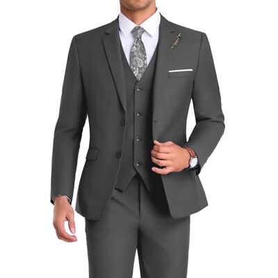 Mrbuerly High-End Suits 3 Stück Herren Anzug Set Slim Fit Groomsmen/Prom Anzug für Männer Zwei Knöpfe Business Anzug Jacke Weste Hose und Krawatte, Dunkel_Grau, L Mrbuerly High-End Suits 3 Stück Herren Anzug Set Slim Fit Groomsmen/Prom Anzug für Männer Zwei Knöpfe Business Anzug Jacke Weste Hose und Krawatte, Dunkel_Grau, L