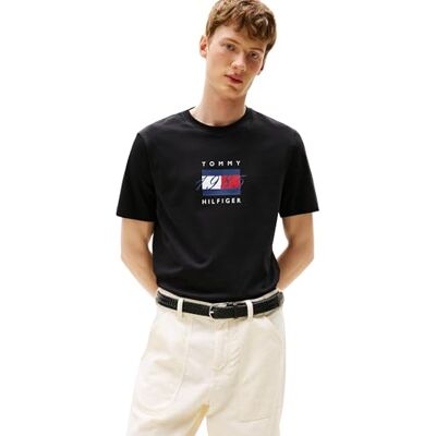 Tommy Hilfiger Herren T-Shirt Kurzarm Linear Flag Graphic Regular Fit, Schwarz (Black), XS Tommy Hilfiger Herren T-Shirt Kurzarm Linear Flag Graphic Regular Fit, Schwarz (Black), XS