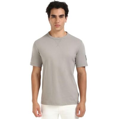 Calvin Herren T-Shirt Kurzarm Regular Tee mit Logo-Badge, Grau (Rock Ridge), XXS Calvin Herren T-Shirt Kurzarm Regular Tee mit Logo-Badge, Grau (Rock Ridge), XXS