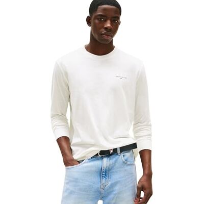 Tommy Jeans Herren Langarmshirt Slim Chest Linear aus Baumwolle, Weiß (Ecru), S Tommy Jeans Herren Langarmshirt Slim Chest Linear aus Baumwolle, Weiß (Ecru), S