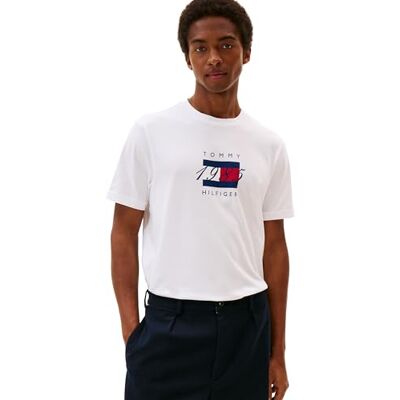 Tommy Hilfiger Herren T-Shirt Kurzarm Linear Flag Graphic Regular Fit, Weiß (White), XS Tommy Hilfiger Herren T-Shirt Kurzarm Linear Flag Graphic Regular Fit, Weiß (White), XS
