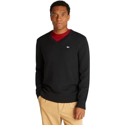 Tommy Jeans Herren Pullover Slim Essential V-Neck V-Ausschnitt, Schwarz (Black), S Tommy Jeans Herren Pullover Slim Essential V-Neck V-Ausschnitt, Schwarz (Black), S