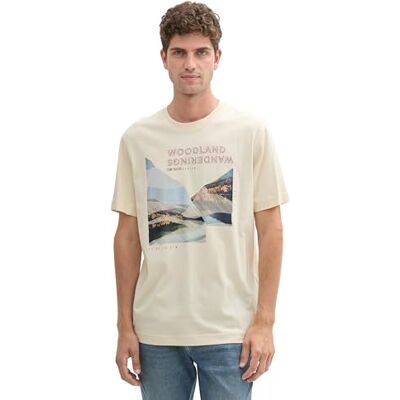 TOM TAILOR Herren T-Shirt aus Baumwolle mit Fotoprint,27469 Smooth Light Sand, S TOM TAILOR Herren T-Shirt aus Baumwolle mit Fotoprint,27469 Smooth Light Sand, S