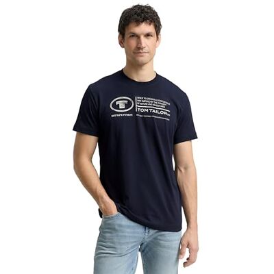 TOM TAILOR Herren Basic T-Shirt mit Print aus Baumwolle, sky captain blue, XL TOM TAILOR Herren Basic T-Shirt mit Print aus Baumwolle, sky captain blue, XL