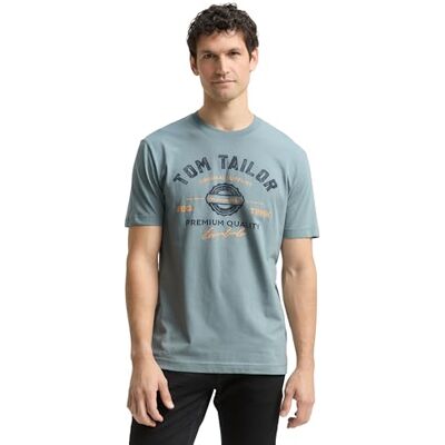 TOM TAILOR Herren T-Shirt mit Logo-Print aus Baumwolle, grey mint, S TOM TAILOR Herren T-Shirt mit Logo-Print aus Baumwolle, grey mint, S