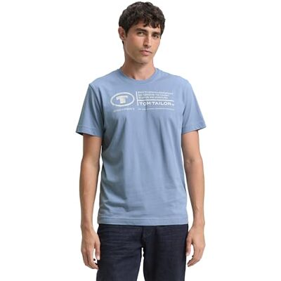 TOM TAILOR Herren Basic T-Shirt mit Print aus Baumwolle, Greyish Mid Blue, XXL TOM TAILOR Herren Basic T-Shirt mit Print aus Baumwolle, Greyish Mid Blue, XXL