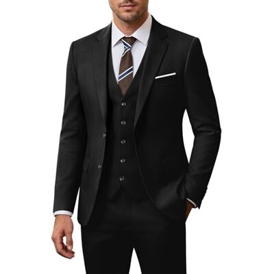 ZKHOECR Herren-Anzug-Set, 3-teilig, schmale Passform, Blazer mit Zwei Knöpfen, einfarbig, Jacke, Weste, Hose, Hochzeit, Business-Anzug, Schwarz, M ZKHOECR Herren-Anzug-Set, 3-teilig, schmale Passform, Blazer mit Zwei Knöpfen, einfarbig, Jacke, Weste, Hose, Hochzeit, Business-Anzug, Schwarz, M