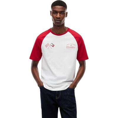 Tommy Hilfiger Unisex T-Shirt Kurzarm TH X Cadillac F1 Varsity Raglan aus Baumwolle, Mehrfarbig (White/Red), M Tommy Hilfiger Unisex T-Shirt Kurzarm TH X Cadillac F1 Varsity Raglan aus Baumwolle, Mehrfarbig (White/Red), M